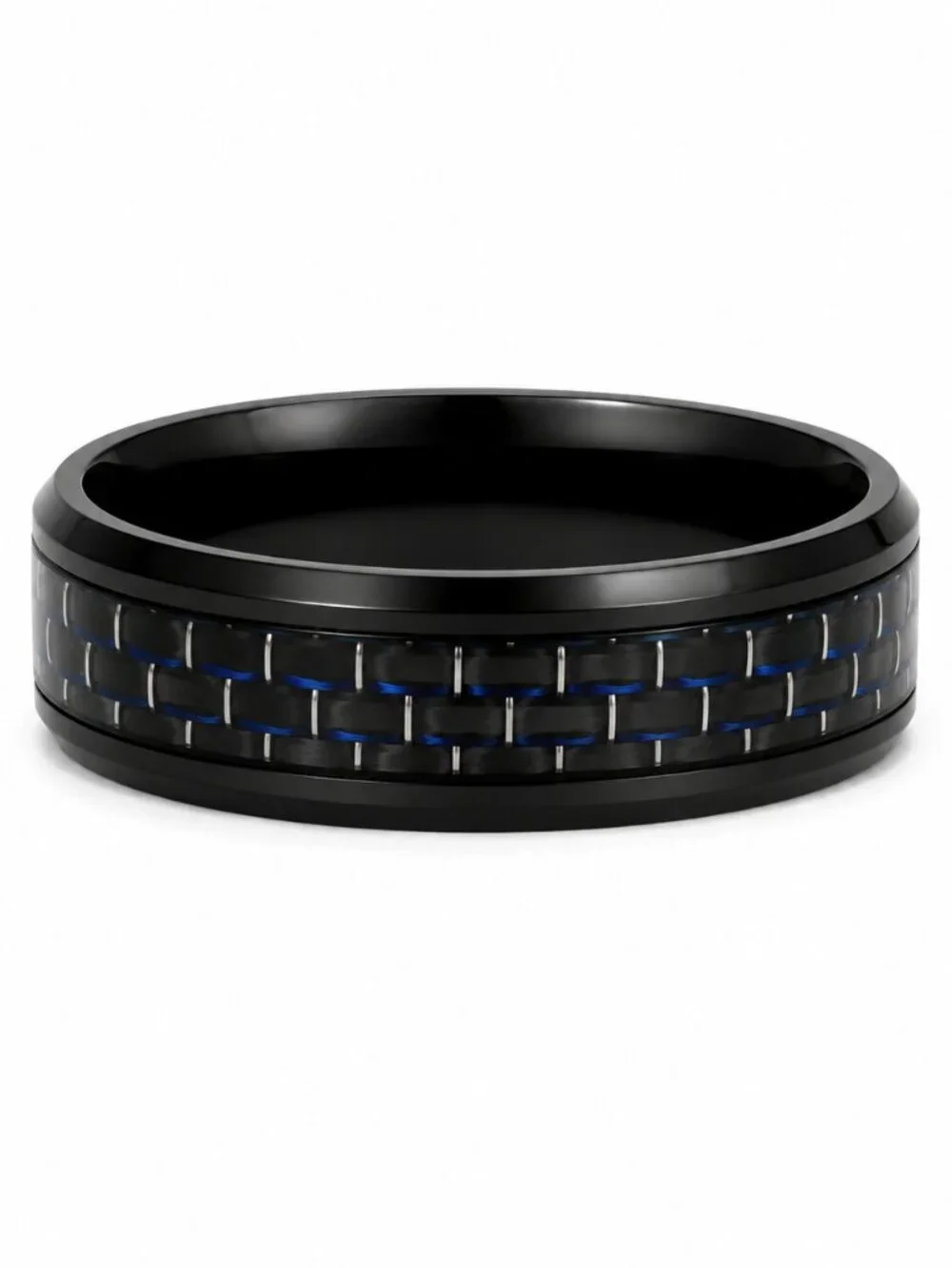 Size 12 Black Stainless Steel Wedding Band with Black & Iridescent Blue Inlay